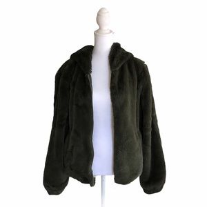 ME JANE olive green puff bomber faux fur women size L